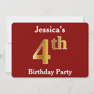 Invitation Rouge, Faux Gold 4e fête d'anniversaire + Nom pers