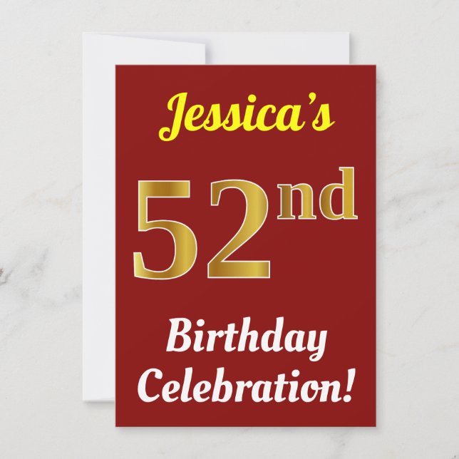 Invitation Rouge, Faux Gold 52e fête d'anniversaire + Nom (Devant)
