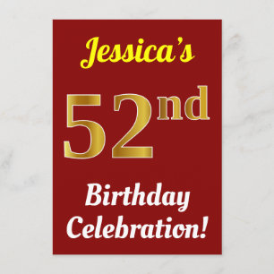 Invitation Rouge, Faux Gold 52e fête d'anniversaire + Nom