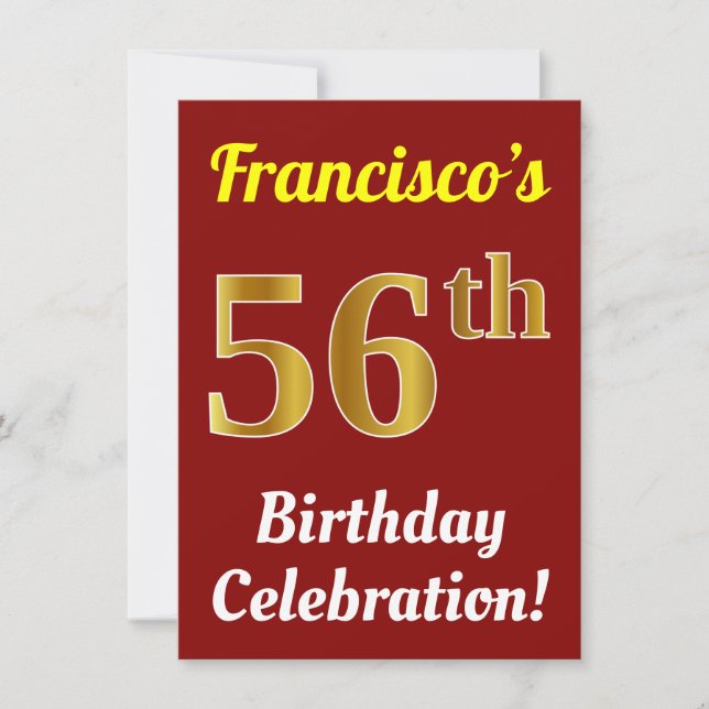 Invitation Rouge, Faux Gold 56e anniversaire Célébration + No (Devant)
