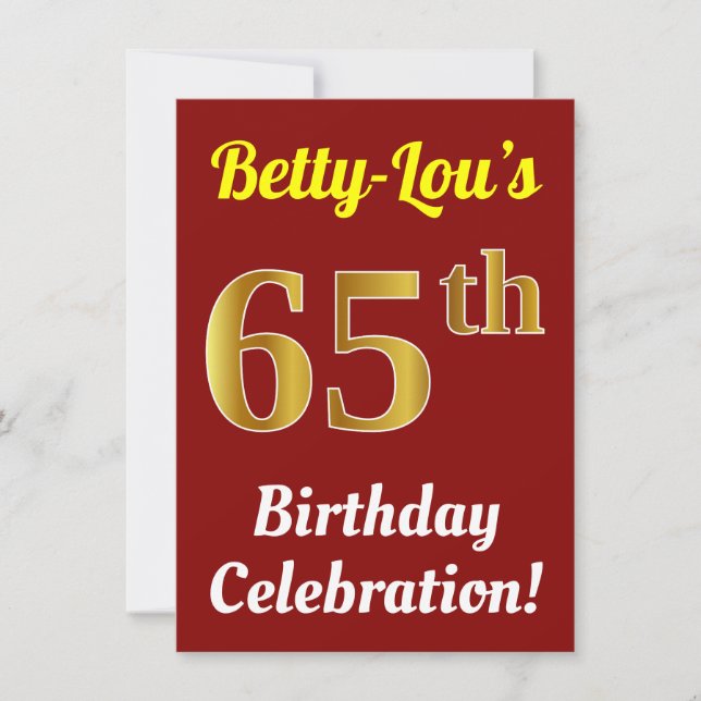 Invitation Rouge, Faux Gold 65e anniversaire Célébration + No (Devant)
