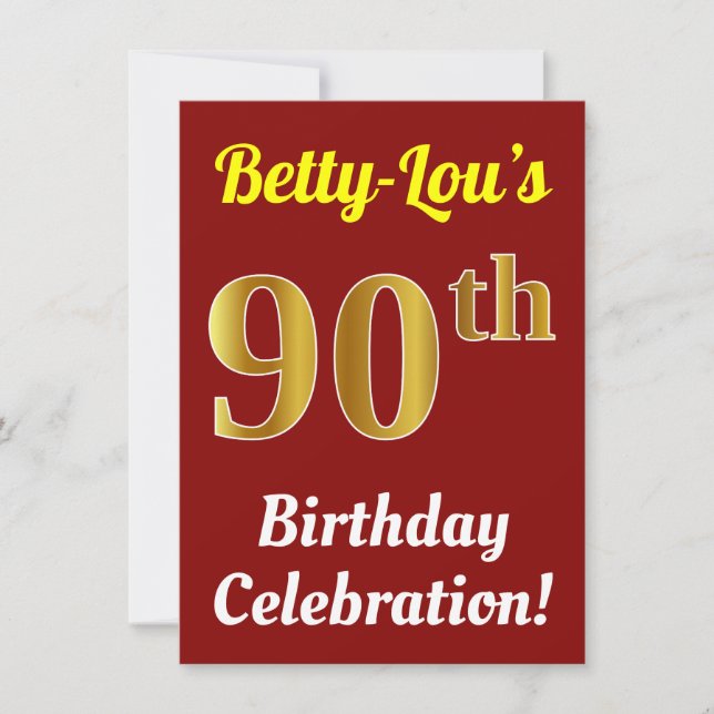 Invitation Rouge, Faux Gold 90e anniversaire Célébration + No (Devant)