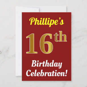 Invitation Rouge, Faux Or 16e anniversaire Célébration + Nom