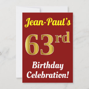 Invitation Rouge, Faux Or 63e anniversaire Célébration + Nom