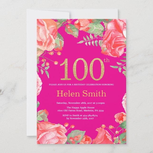 Invitation Rouge Floral 100e Anniversaire Gold Parties scinti (Devant)