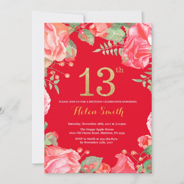 Invitation Rouge Floral 13e anniversaire Parties scintillant  (Devant)