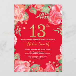 Invitation Rouge Floral 13e anniversaire Parties scintillant 