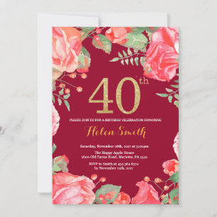 Invitation Rouge Floral 40e anniversaire Parties scintillant 