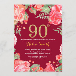 Invitation Rouge Floral 90e anniversaire Parties scintillant 