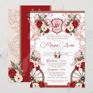 Invitation Rouge Floral Élégant Baroque Charro Quinceañera
