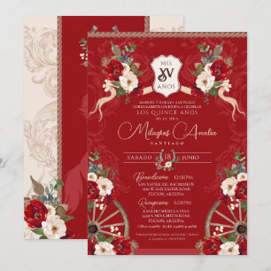 Invitation Rouge Floral Élégant Baroque Charro Quinceanera