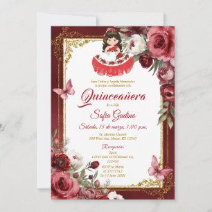 Invitation ROUGE Floral Espagnol mignon fille Quinceañera Pap