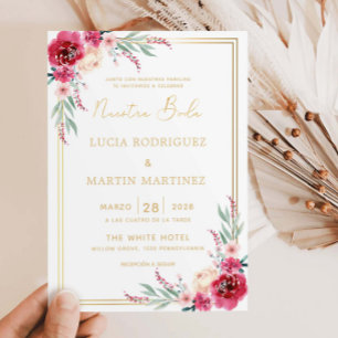 Invitation Rouge Floral Feuilles Vertes Cadre Doré Notre Mari
