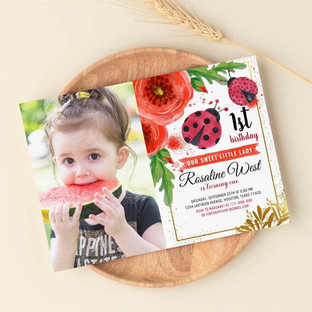 Invitation Rouge Floral Ladybug Aquarelle 1er Anniversaire Ph (Créateur téléchargé)