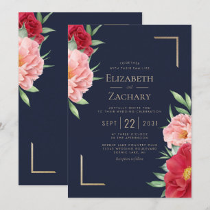 Invitation Rouge Floral Mariage Bleu Nuit Or