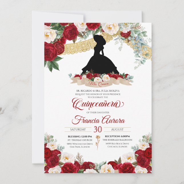 Invitation Rouge Floral Or Elégant Charro Quince Anniversaire (Devant)