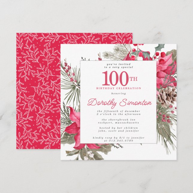Invitation Rouge Floral Poinsettia 100e Carré de fête d'anniv (Devant / Derrière)