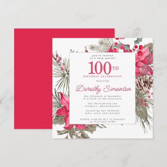 Invitation Rouge Floral Poinsettia 100e Carré de fête d'anniv (Devant / Derrière)