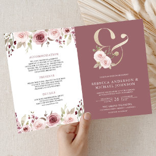 Invitation Rouge Floral Rose Poussiéreux Code QR Mariage Ampe