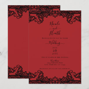 Invitation Rouge foncé et dentelle noire Élégant mariage