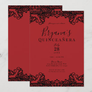 Invitation Rouge foncé et dentelle noire Élégante Quinceañera