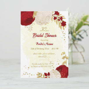 Invitation rouge foncé et fleurs blanches or douche nuptiale