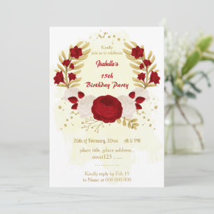 Invitation rouge foncé et fleurs blanches or fête d'anniversa