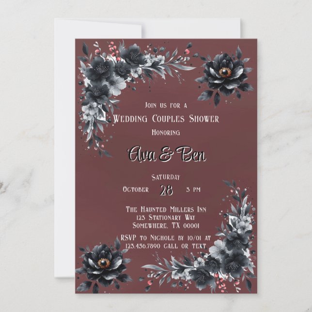 Invitation Rouge foncé Gothique Noir Floral Mariage Couple Do (Devant)