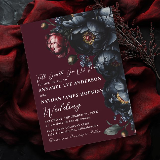 Invitation Rouge foncé Moody Romantique noir pivoine Mariage  (Créateur téléchargé)