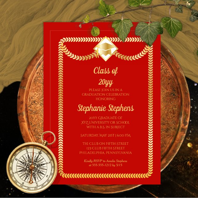 Invitation Rouge | Gold Serpentine Graduation Party (Elegant Red and Gold Tone Serpentine College | University Graduation Announcement | Party Invitation)