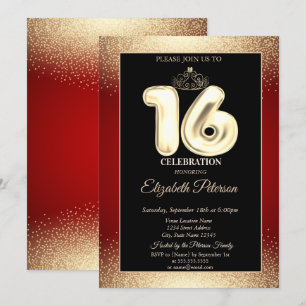 Invitation Rouge, Gold Tiara Confetti, Sweet 16 Party