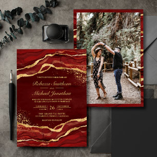 Invitation Rouge Grenat Or Liquide Encre Photo Mariage