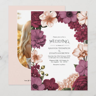 Invitation Rouge Grenat, Rosette Mauve & Soie Pêche Mariage
