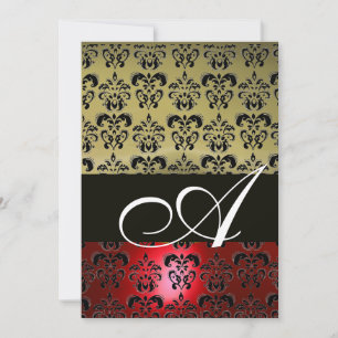 Invitation ROUGE GRIS NOIR DAMAS MONOGRAMME ,blanc brillant