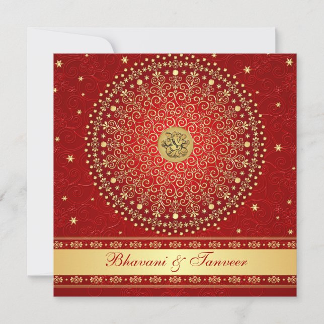 Invitation Rouge hindou Ganesh, mariage des manuscrits d'or (Devant)