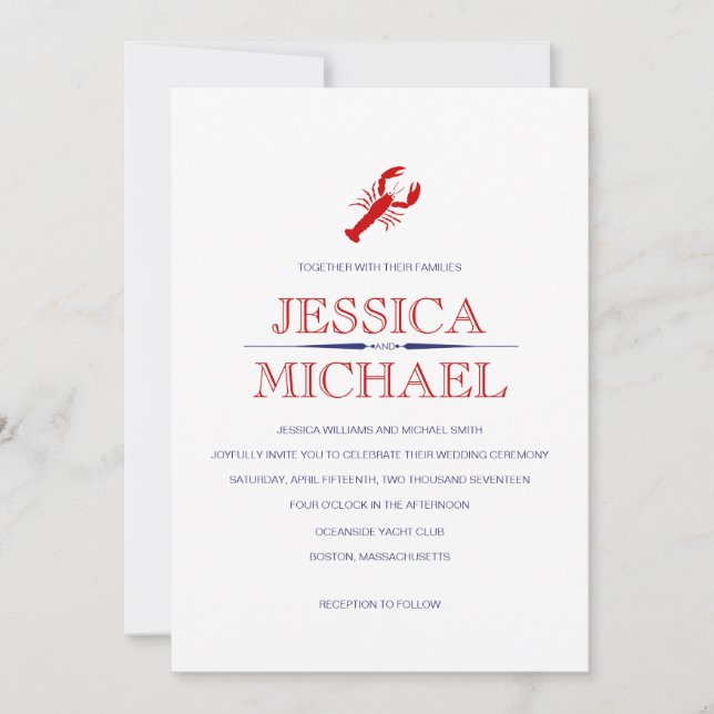 Invitation Rouge Homard Mariage Marine Bleu Thème nautique (Devant)