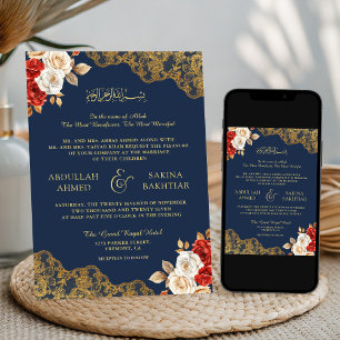 Invitation Rouge ivoire Floral or dentelle marine Mariage mus