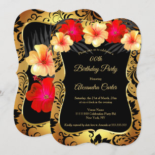 Invitation Rouge Jaune Or Noir Damas Hibiscus Anniversaire