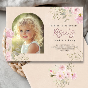 Invitation Rouge Lin Floral Rose Photo Anniversaire