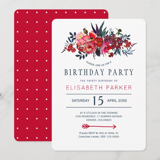 Invitation Rouge marine rustique fleurie bohème trente ans (Devant / Derrière)