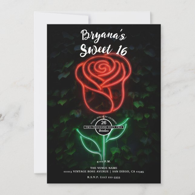 Invitation Rouge Neon Lumière Rose Ivy Sweet 16 16e (Devant)
