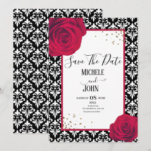 Invitation Rouge noir & blanc damask enregistrer la date