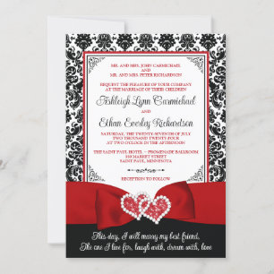 Invitation Rouge, Noir Damask Love Hearts Mariage