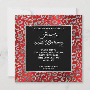 Invitation Rouge Noir et Argent Léopard Feuille Anniversaire