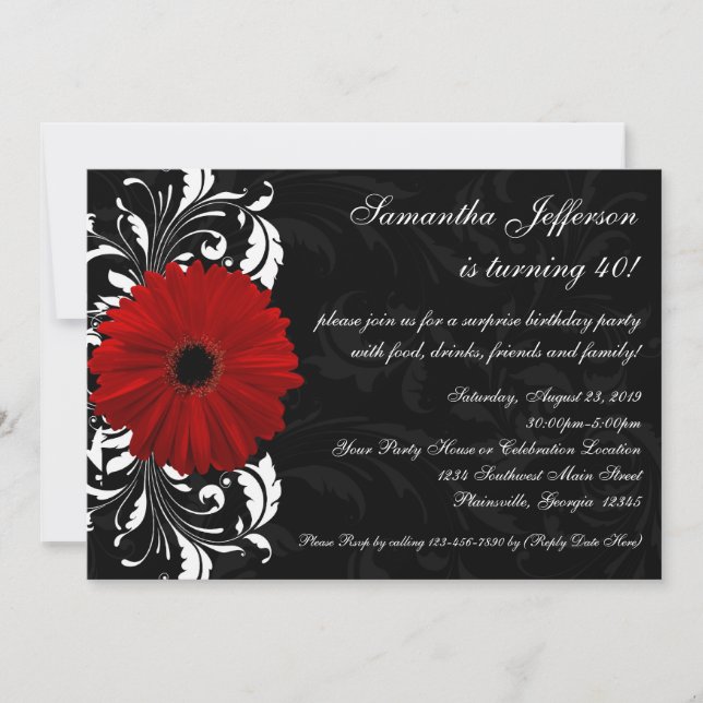 Invitation Rouge, noir et blanc Gerbera Daisy 40e anniversair (Devant)