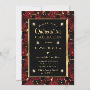 Invitation Rouge Noir et Or Marbre Floral Quinceanera
