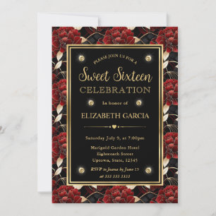 Invitation Rouge Noir et Or Marbre Floral Sweet Sixteen