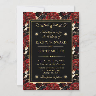 Invitation Rouge Noir et Or Mariage Floral de Marbre