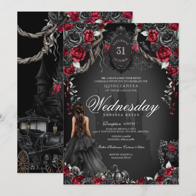 Invitation Rouge noir Rose Quinceañera Halloween gothique (Devant / Derrière)