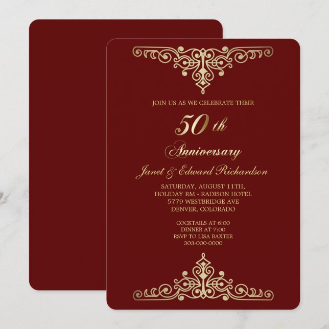 Invitation Rouge Or Antique Victorien Anniversaire Doré (Devant / Derrière)